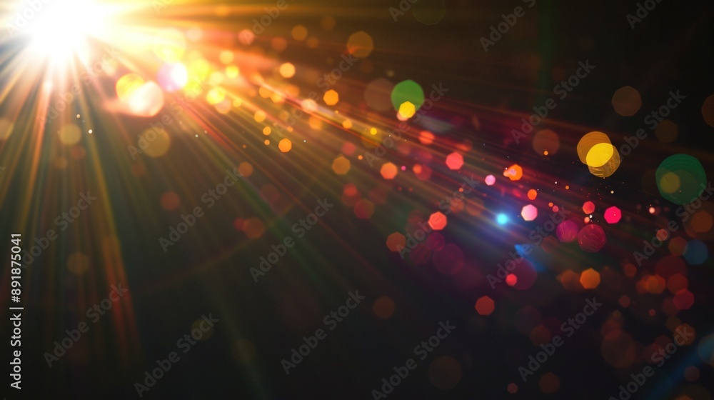Black background with colorful lens flare and star effect, sun light. Black background with colorful lens flare and star effect, sun light.