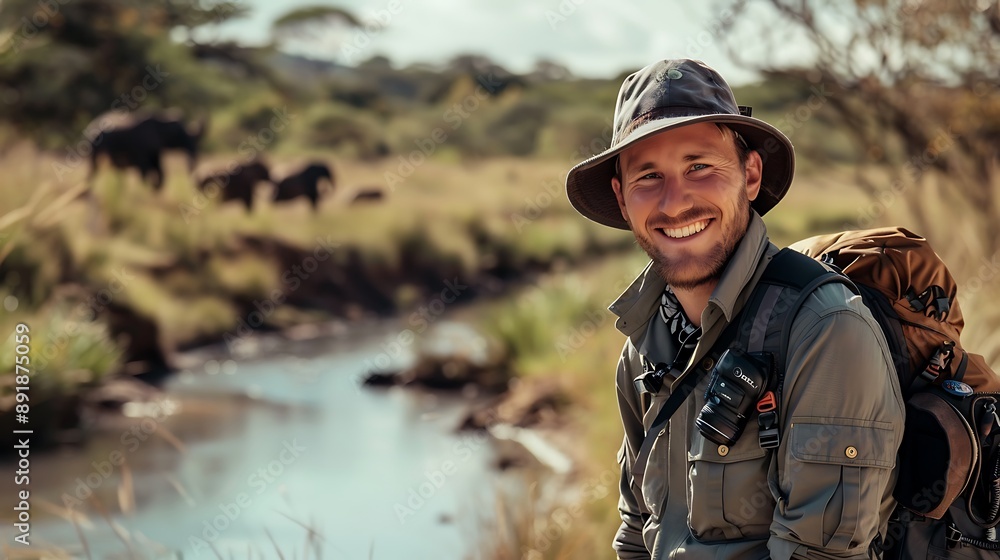 Male wildlife photographer with outdoor equipment smiling at the camera surrounded by a natural landscape and wild animals representing the essence of wildlife photography and passion Male wildlife photographer with outdoor equipment smiling at the camera surrounded by a natural landscape and wild animals representing the essence of wildlife photography and passion