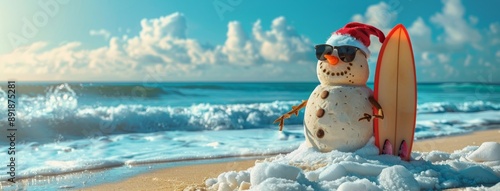 Snowman Surfs On Beach
