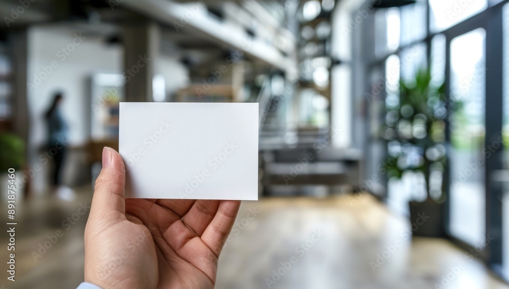 Empty business card held in the hand, with a modern office interior blurred in the background. Empty business card held in the hand, with a modern office interior blurred in the background.