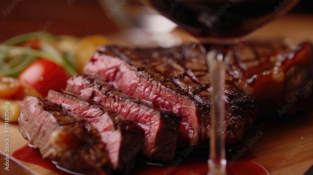 Slicing rare ribeye steak with red wine healthy eating concept Slicing rare ribeye steak with red wine healthy eating concept
