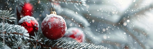 Red Ornament On Snowy Christmas Tree