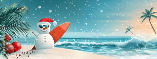 Snowman Surfing on a Tropical Beach