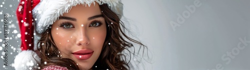 Woman In Santa Hat During Snowfall