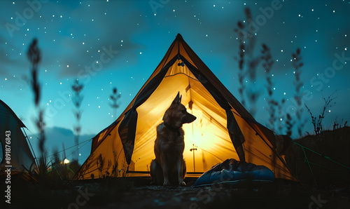 Camping trip with a dog. Travelling with a tent. Summer vacation and holiday concept. Dog-friendly camping. Pet-friendly vacation rental. Illustration for article. photo