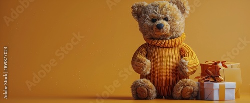 Teddy Bear Holding a Gift on Yellow Background