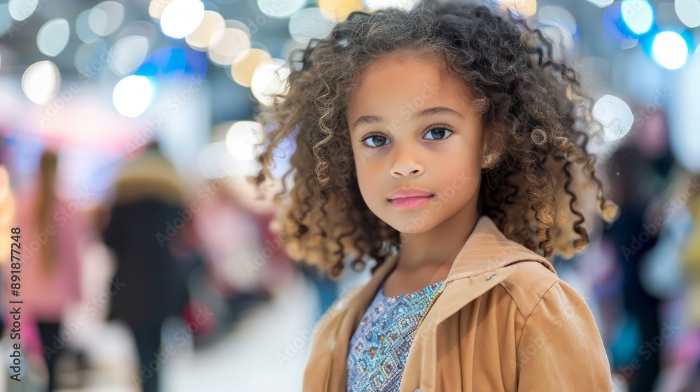 young girl with curly hair stands confidently, gazing at the camera at a fashion show, surrounded by a blurred background of people and lights. young girl with curly hair stands confidently, gazing at the camera at a fashion show, surrounded by a blurred background of people and lights.
