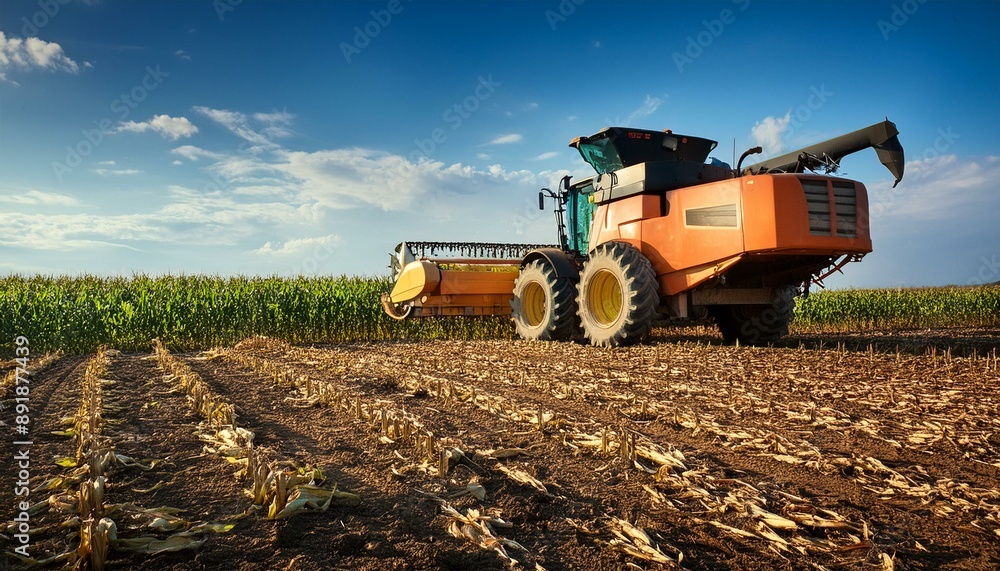 Obraz premium A combine harvester or tractor working on a field during the harvest season