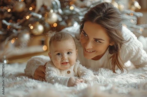 Mother and Baby Playing With Ornaments by Christmas Tree