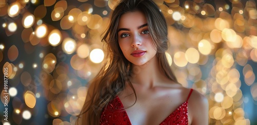 Woman Posing in Front of Bokeh Lights