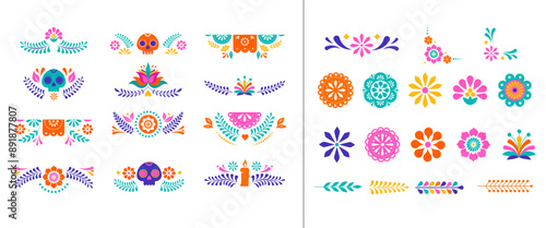 Mexican decorative frames and borders, colorful vector collection. Flowers, paper garlands, skulls corners, borders, frames