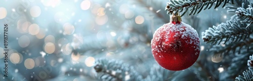 Red Ornament On Snow-Covered Pine Branch