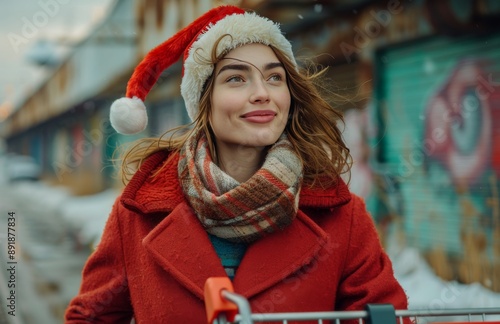 Woman In Red Coat And Santa Hat Shops For Christmas