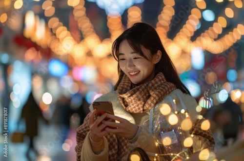 Woman Using Phone Under Christmas Lights