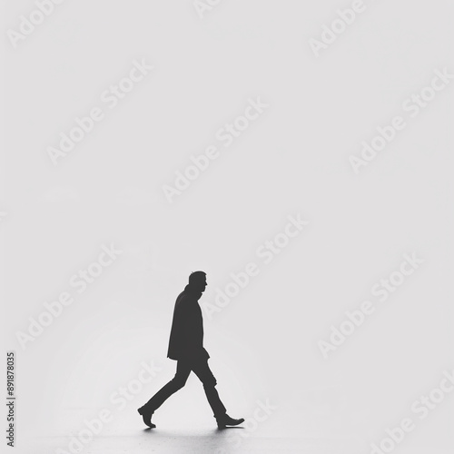 A minimalist black and white silhouette of a person walking against an empty white background, conveying a sense of modern urban leisure and relaxation.