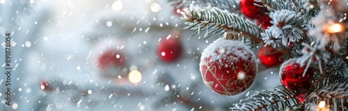 Red Ornament On Snowy Christmas Tree