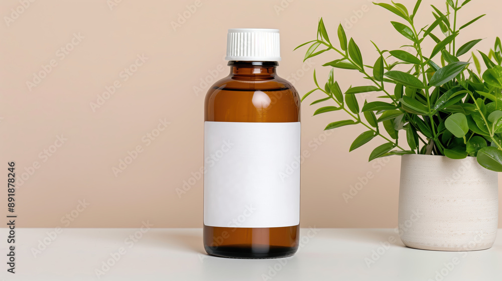 Cosmetic bottle with blank white label on table Cosmetic bottle with blank white label on table