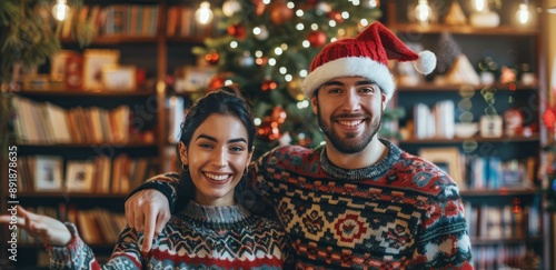 Couple Posing Near Christmas Tree
