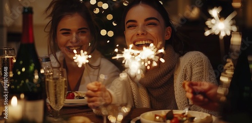 Women Celebrating With Sparklers and Champagne