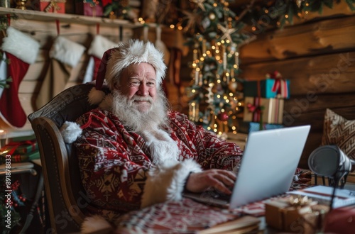 Santa Claus Checking Christmas List on Laptop