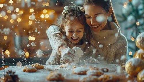 Mother And Daughter Decorating Cookies For Christmas