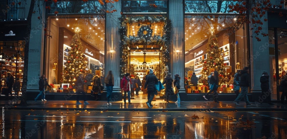 Fototapeta premium People Walking Past Storefront Windows Decorated for Christmas