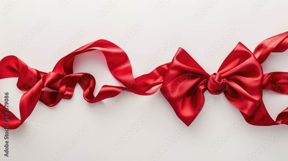 Creative arrangement of red satin ribbons and a unique bow on white background Creative arrangement of red satin ribbons and a unique bow on white background