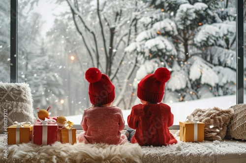 Twins Watching Winter Snowfall