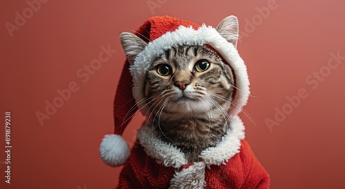 Kitten in Santa Suit Against Red Background