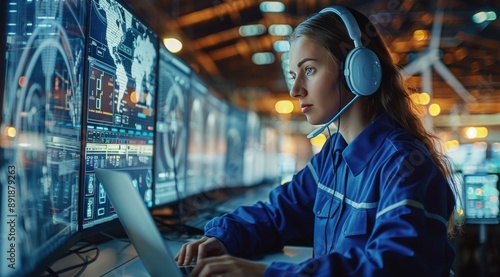 Woman Working at Computer in Control Room