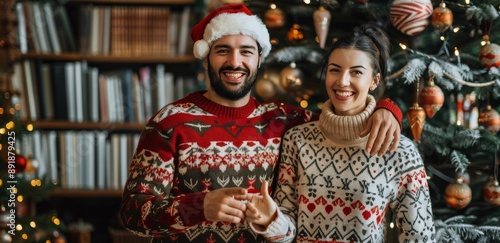 Couple Posing Near Christmas Tree