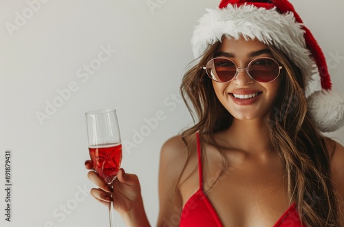Woman in Santa Hat Holding Champagne
