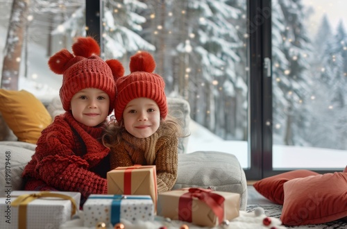 Twins Watching Winter Snowfall