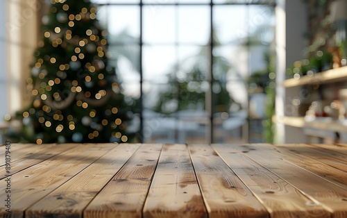 Wooden Tabletop With Blurred Christmas Tree
