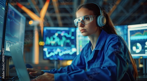 Woman Working at Computer in Control Room