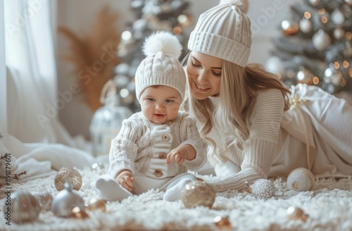 Mother And Baby Playing With Ornaments Near Christmas Tree