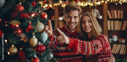 Couple Posing Near Christmas Tree