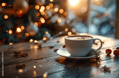 Warm Coffee By Christmas Tree