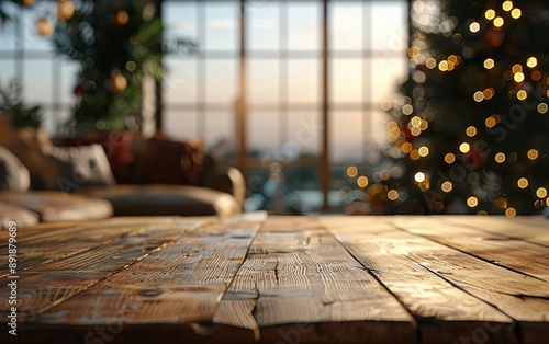 Wooden Tabletop With Blurred Christmas Tree photo