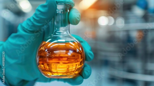 Close-up of a laboratory hand holding a flask with orange liquid, showcasing scientific research in a modern lab setting.