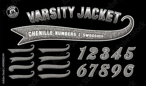 A collection of letter jacket style embroidered numbers and swooshes with silver thread effect and white border stitching