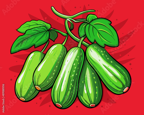 illustration Vector of fresh cucumbers on a branch with leaves, isolated red background, hand drawn vegetabes and fruit cartoon