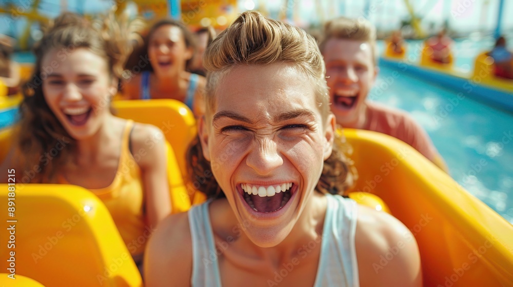 Group of friends enjoying a thrilling roller coaster ride, showcasing pure joy and excitement in a vibrant amusement park setting. Group of friends enjoying a thrilling roller coaster ride, showcasing pure joy and excitement in a vibrant amusement park setting.