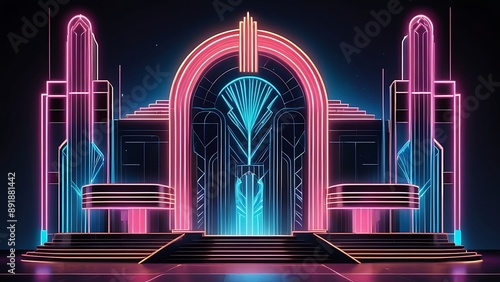 Neon city skyline with pink and blue glowing lights suitable for urbanthemed designs, night scenes, cityscape backgrounds, and futuristic concepts. photo