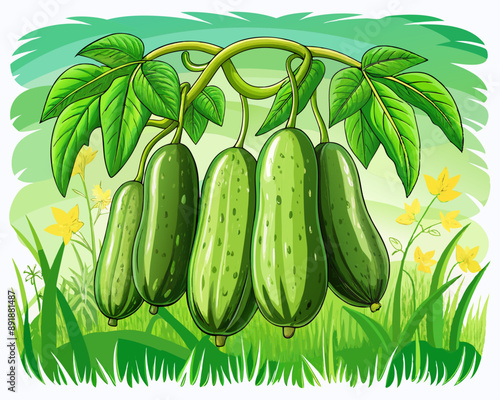 illustration Vector of fresh cucumbers on a branch with leaves, isolated green farm background, hand drawn vegetabes and fruit cartoon photo