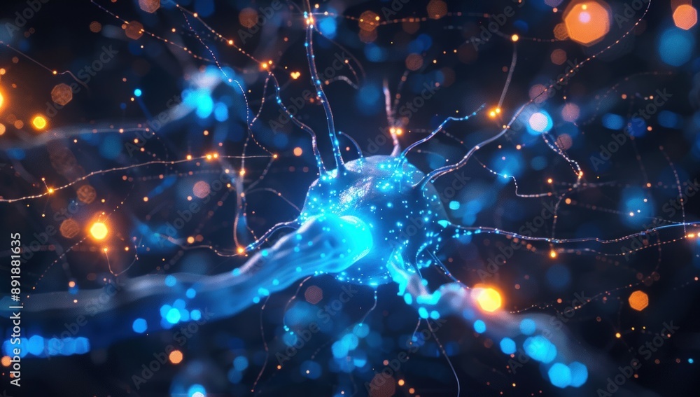 A close-up of an electric Neuffed cell in the brain, glowing with blue light. A close-up of an electric Neuffed cell in the brain, glowing with blue light.