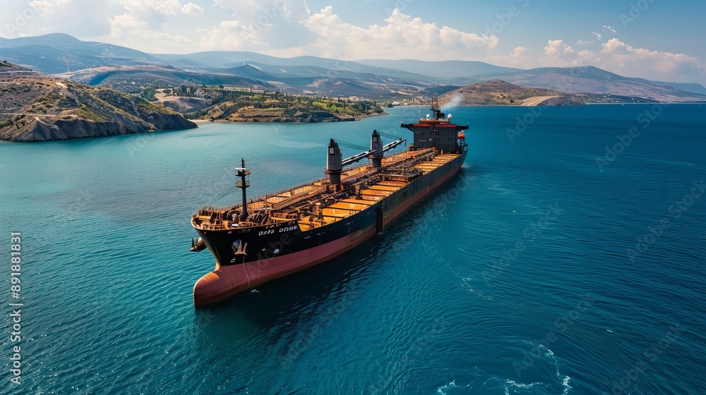 A large cargo ship carrying coal, iron ore, or other heavy goods is anchored in the Aegean Sea, waiting to enter the port. The view is from the air. A large cargo ship carrying coal, iron ore, or other heavy goods is anchored in the Aegean Sea, waiting to enter the port. The view is from the air.