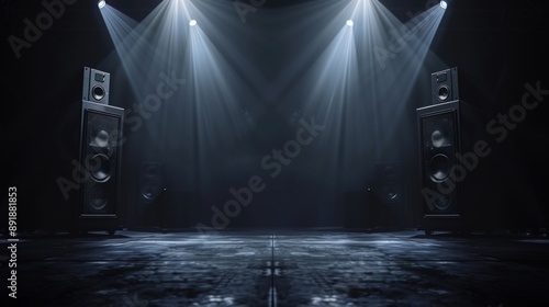 Two large speakers on the left and right sides of the frame on a black background.