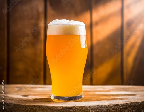 A pint of IPA, hazy unfiltered juicy draft NEIPA beer on wooden background, A glass of India Pale Ale, hazy unfiltered juicy draft beer on wooden surface photo