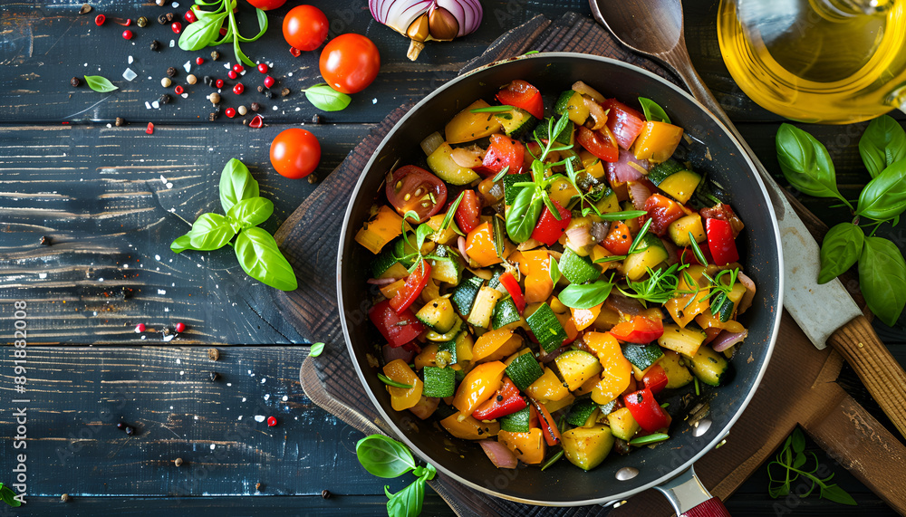 Vegetable Ratatouille in frying pan on a wooden table. Top view Vegetable Ratatouille in frying pan on a wooden table. Top view